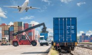 forklift handling container box loading to freight train