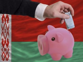 Funding euro into piggy rich bank national flag of belarus