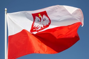 Flag of Poland With Crest, Waving In a Stiff Wind